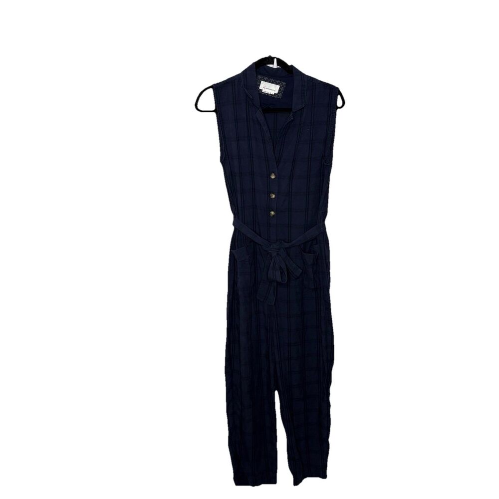 Anthropologie Brielle Blue Plaid Sleeveless Jumpsuit Belted Blue Womens Sz Small